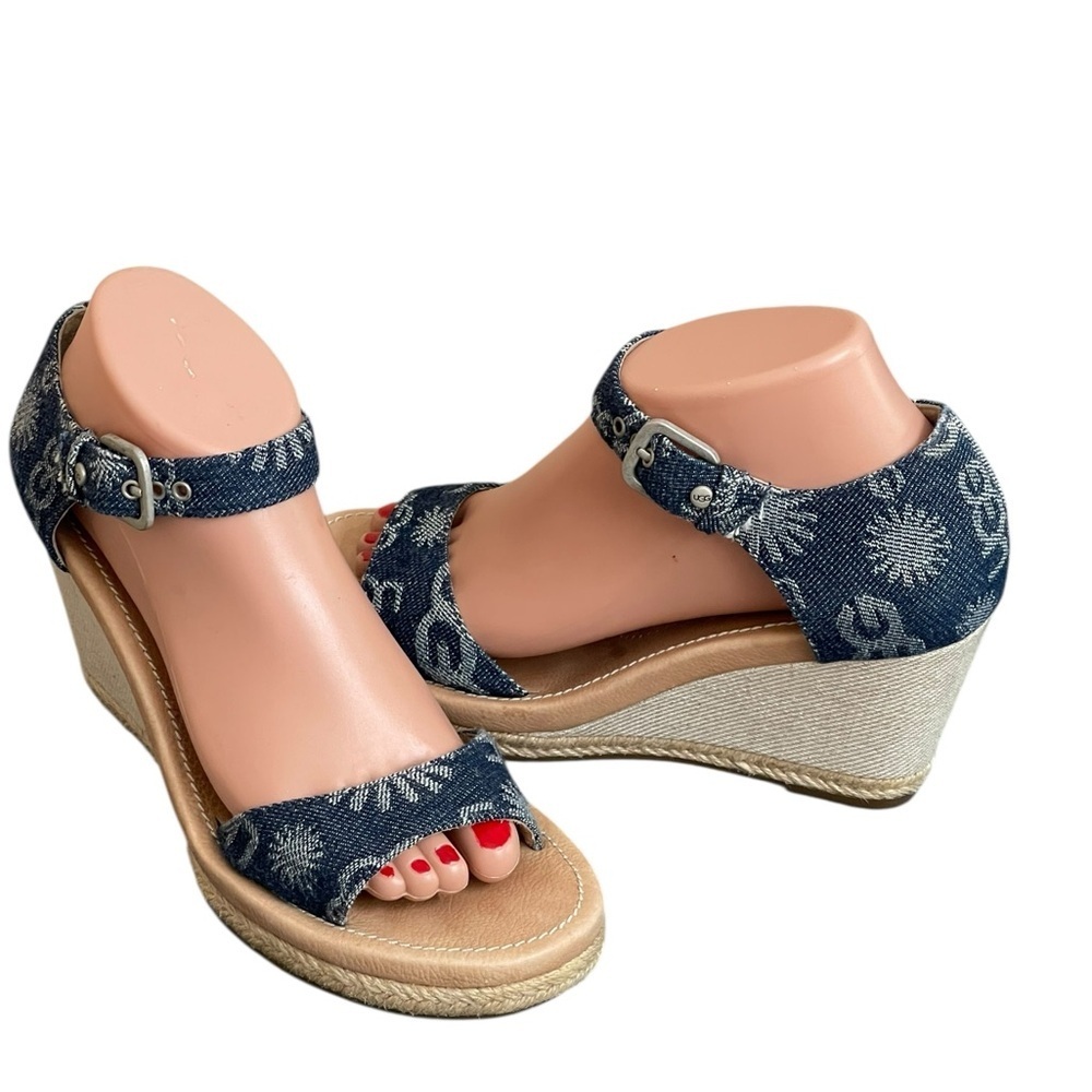 Ugg Atasha Monogram Denim Wedge Sandals size 8 - Picture 3 of 13